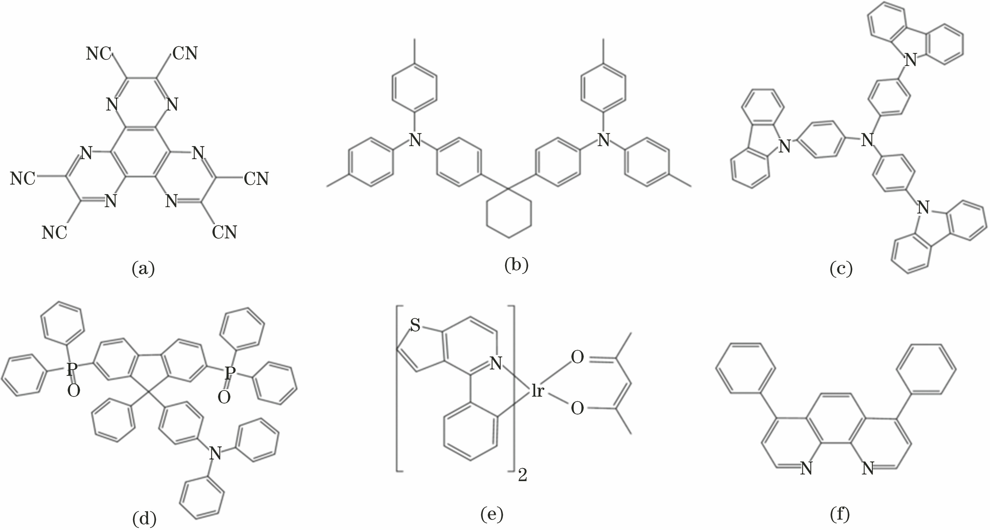 Chemical structural formula of organic materials. (a) HAT-CN; (b) TAPC; (c) TCTA; (d) POAPF; (e) PO-01; (f) Bphen