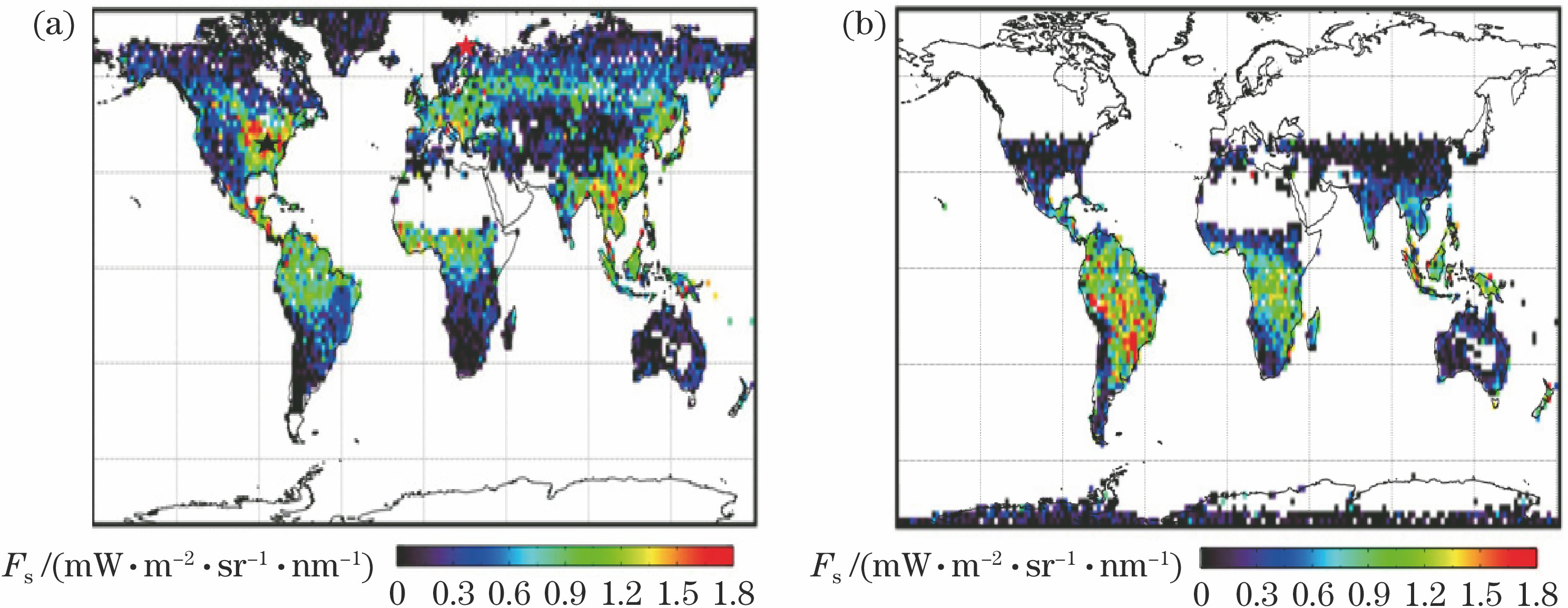 Global fluorescence maps (composites from retrievals at 755 nm) . (a) July 2012; (b) December 2012[13]