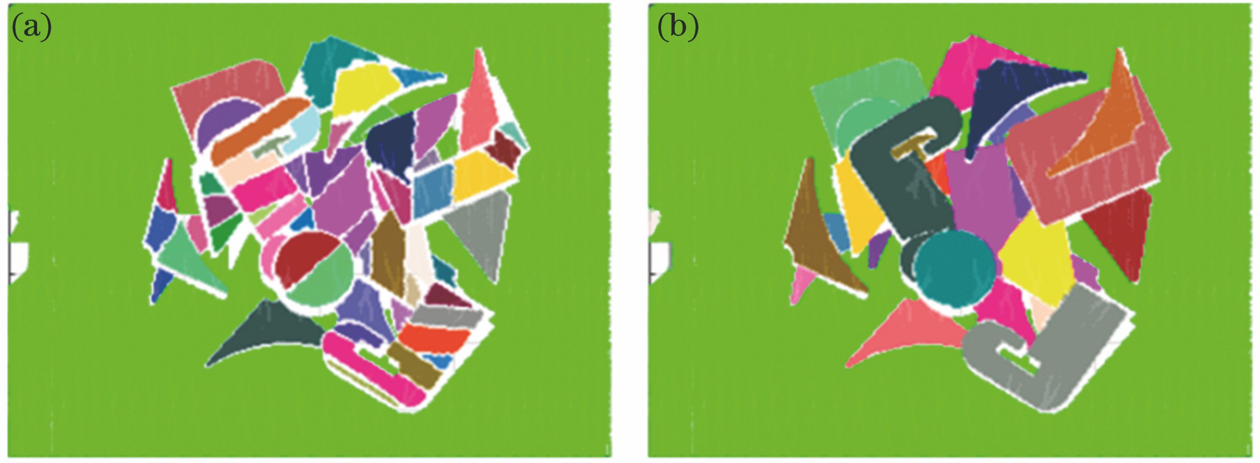 Results obtained before and after region merging. (a) Connected planar regions; (b) merged result obtained with glue algorithm