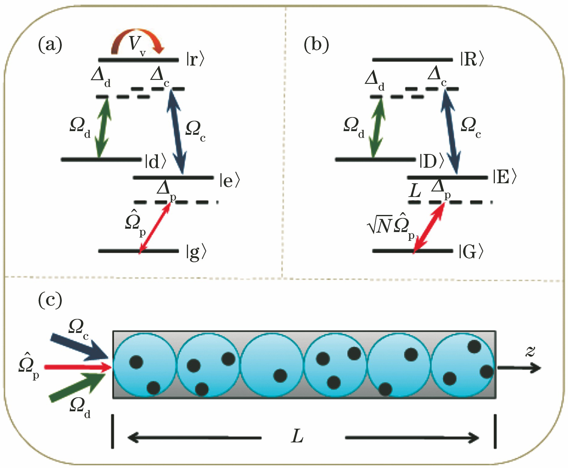 Atomic structure diagrams. (a) Energy level structure of interacting four-level cold atoms; (b) equivalent energy level structure of super atom; (c) one-dimensional ultra-cold atomic ensemble