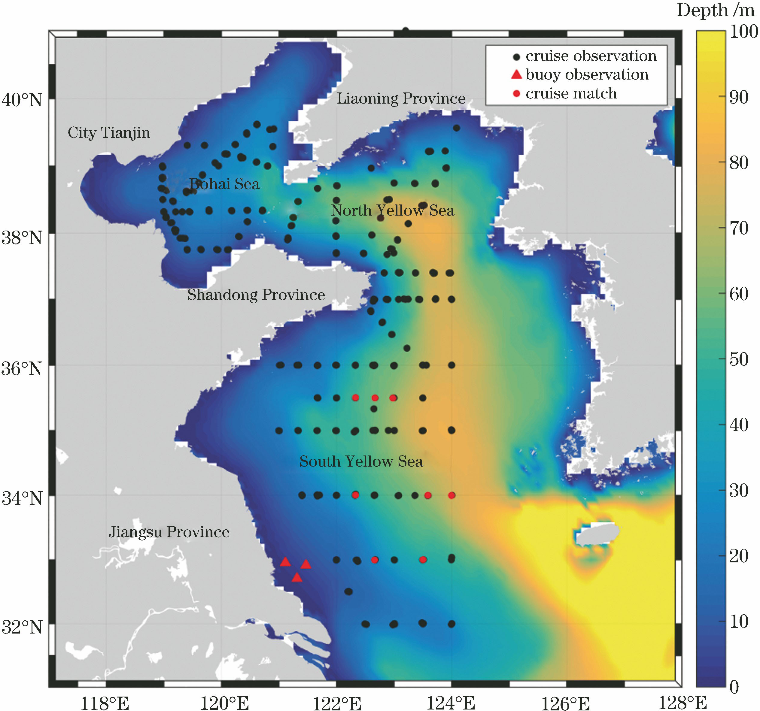 Study area, location of buoy, and sampling stations of different cruises