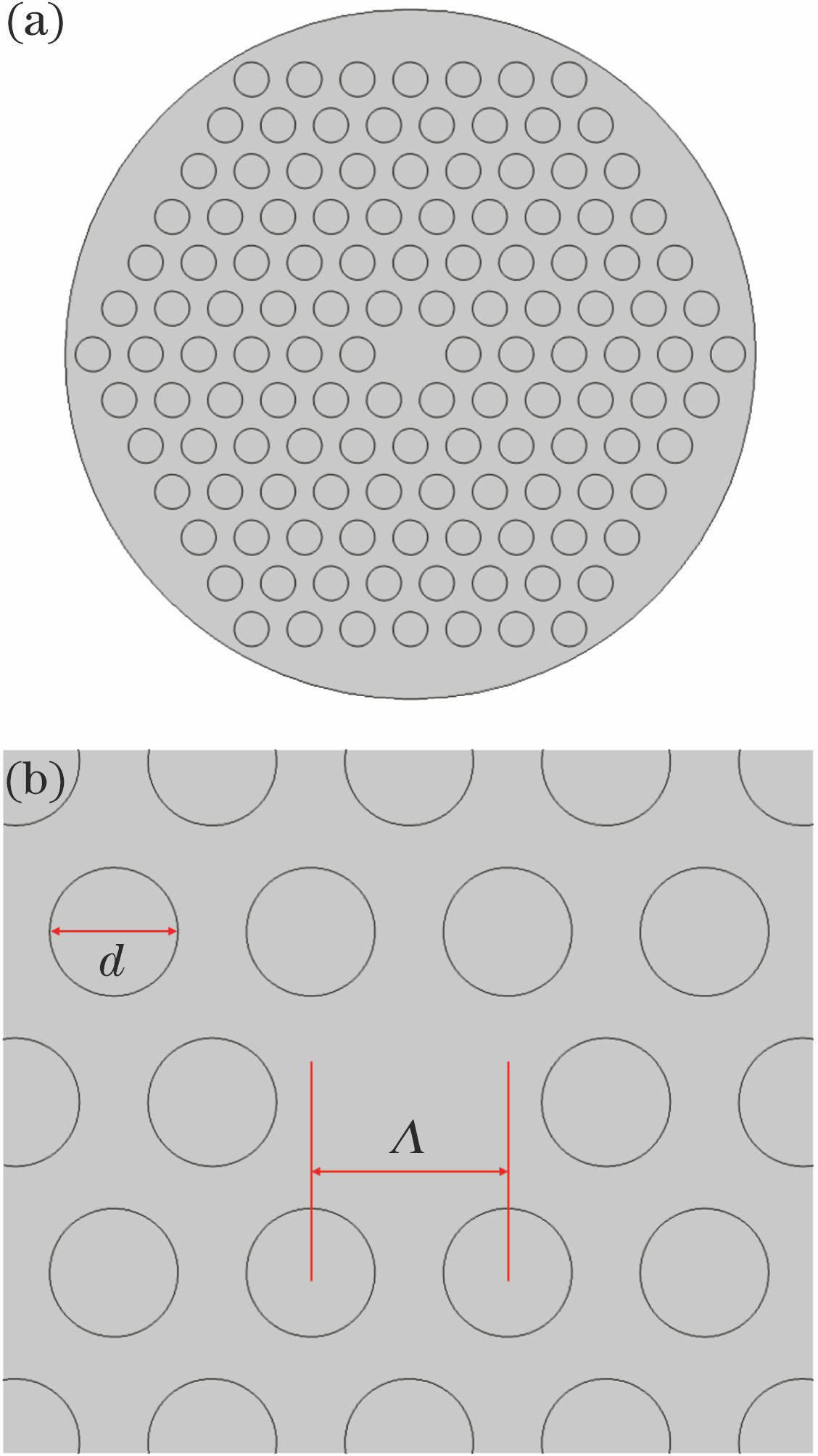 Schematic of photonic crystal fiber. (a) Cross-sectional view; (b) detail view
