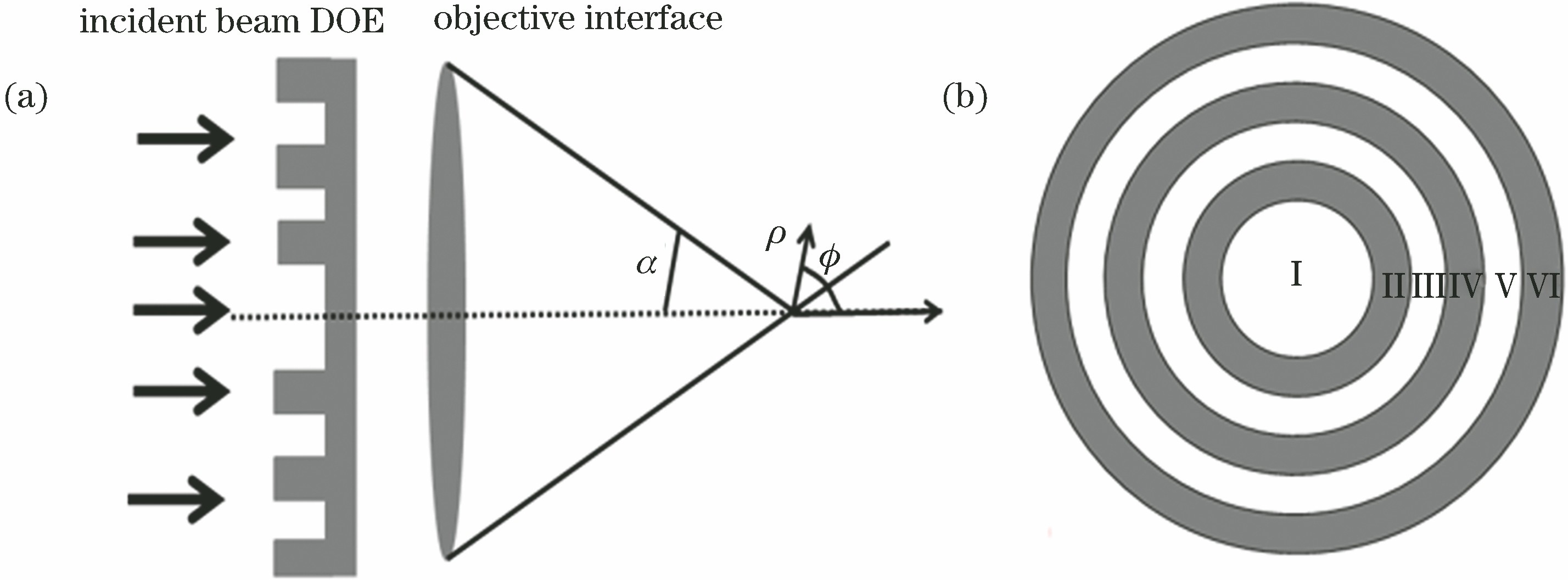 Focusing optical system. (a) Schematic of tight focusing optical system; (b) structure of DOE