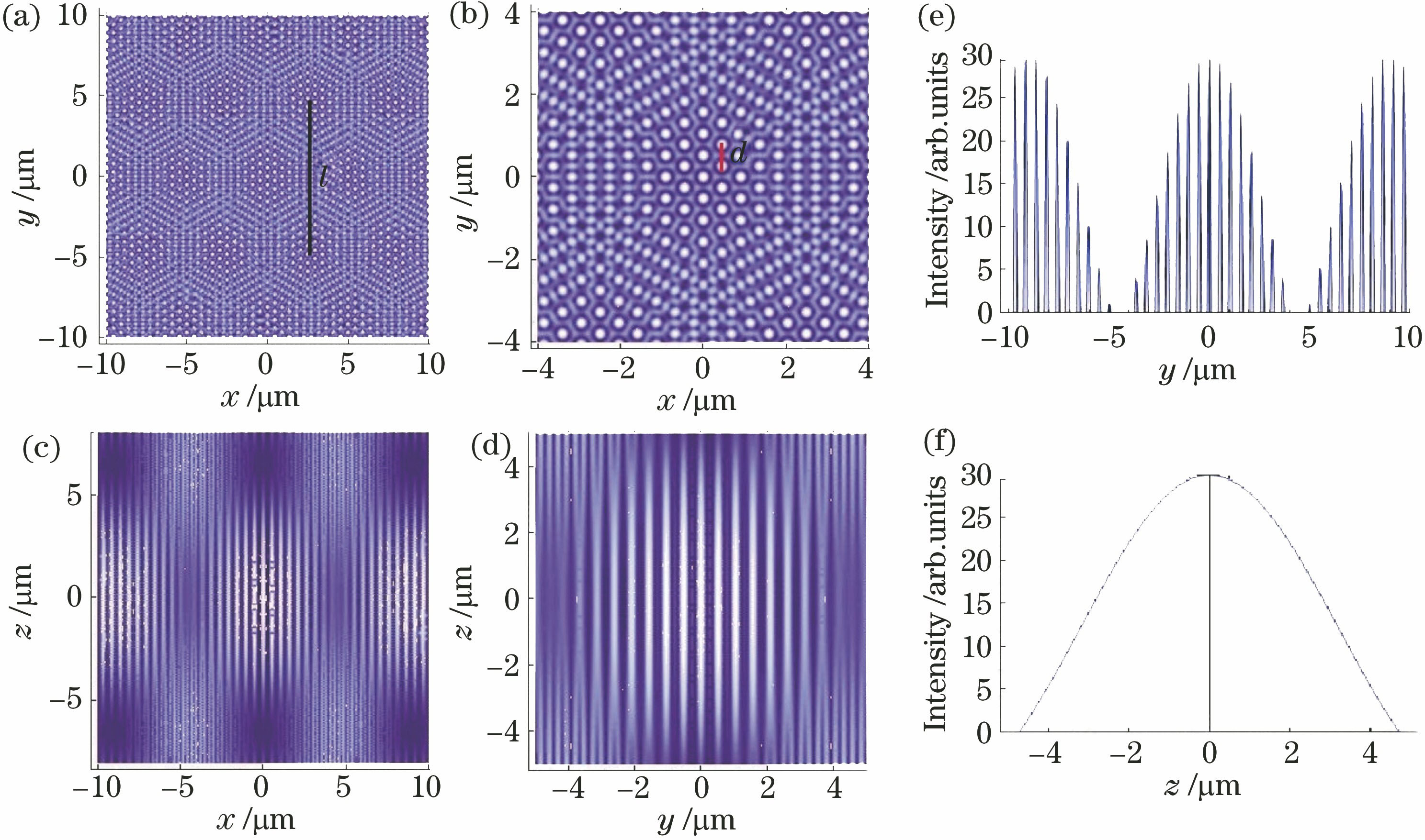 2D interference patterns, magnification map, and 1D intensity distribution. (a) 2D interference patterns along x-y plane; (b) magnified patterns along x-y plane; (c) 2D interference patterns along y-z plane; (d) magnified patterns along y-z plane; (e) 1D intensity along y-axis; (f) 1D intensity along z-axis