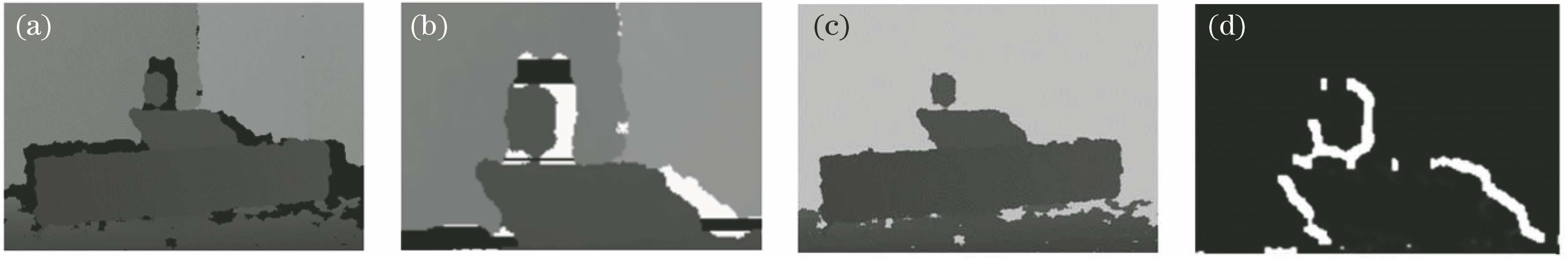 Depth image preprocessing. (a) Raw depth image; (b) shadow noise area; (c) ROI segmentation; (d) reliability mask