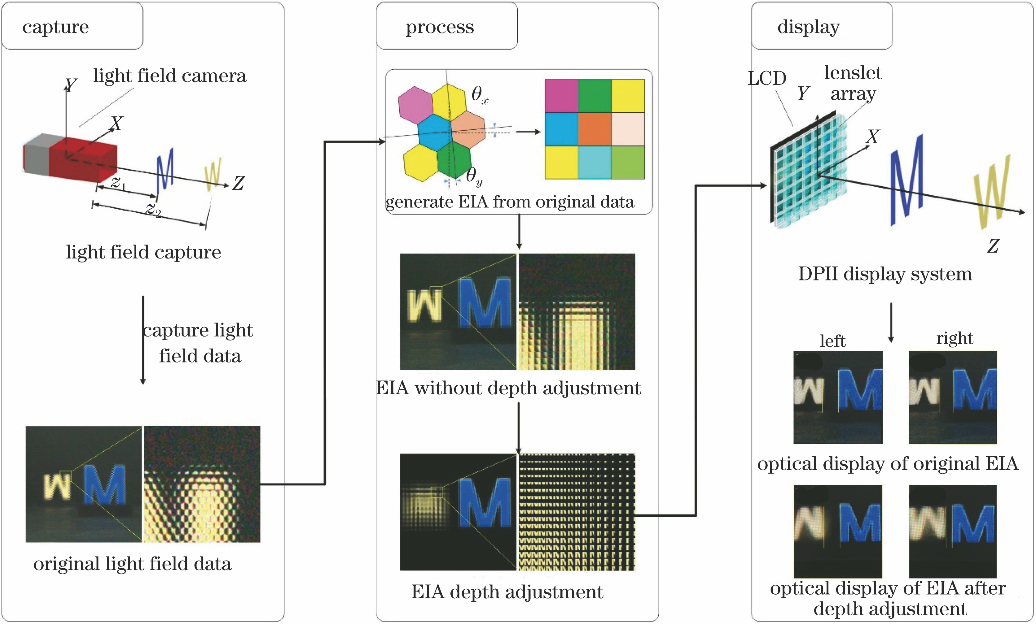 Three-dimensional display process of optical field data