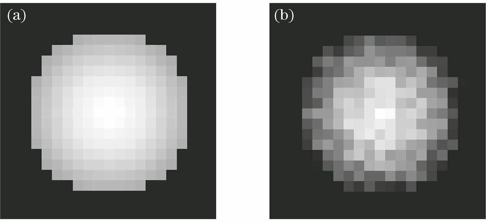 Simulated spot images. (a) Ideal simulated spot; (b) simulated spot with 15% random noise