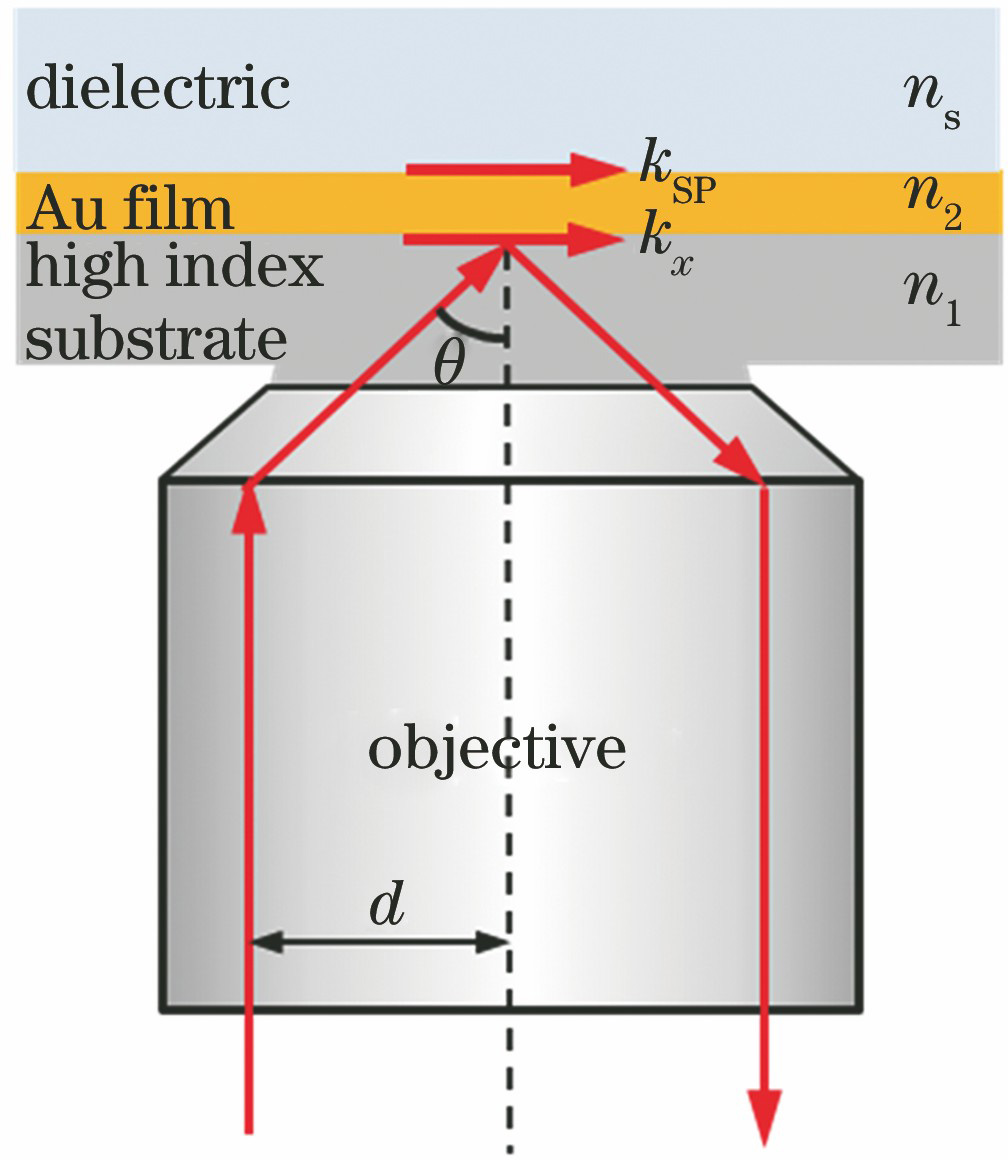 Schematic diagram of SP excitation by objective-coupled Kretschmann configuration