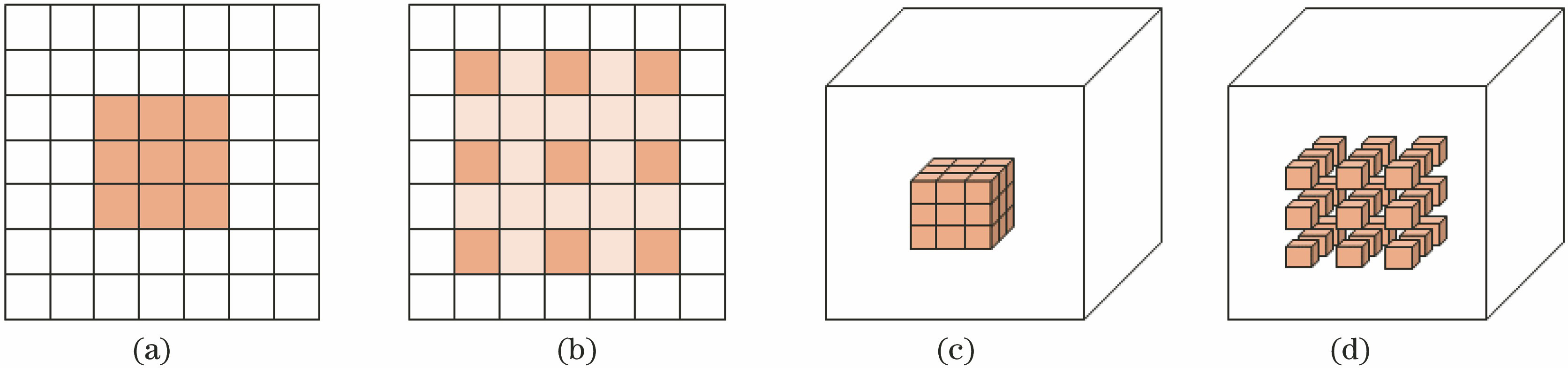 Schematic of standard convolution and dilated convolution. (a) 2D standard convolution; (b) 2D dilated convolution (r=2,2); (c) 3D standard convolution; (d) 3D dilated convolution (r=2,2,2)