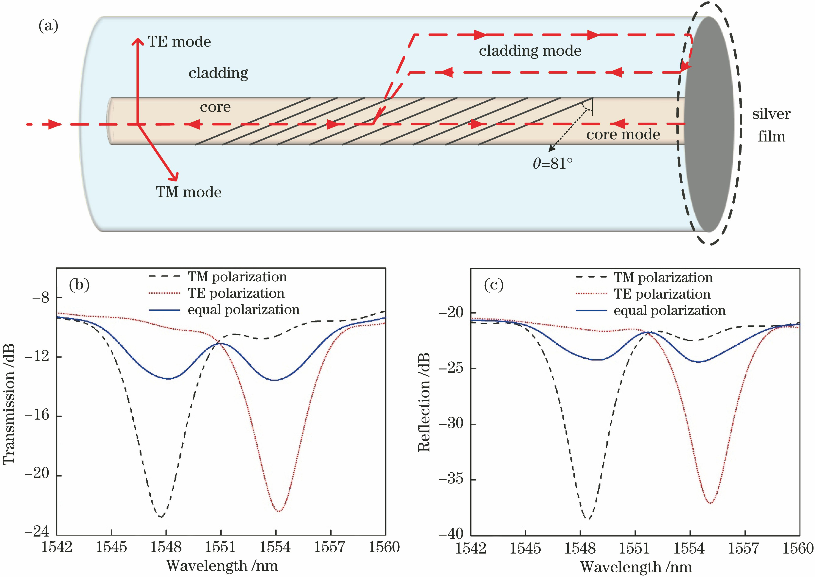 Polarization correlation spectrum of the TFG. (a) Optical path coupling principle of probe type 81°TFG; (b) transmission type 81°TFG; (c) probe type 81°TFG