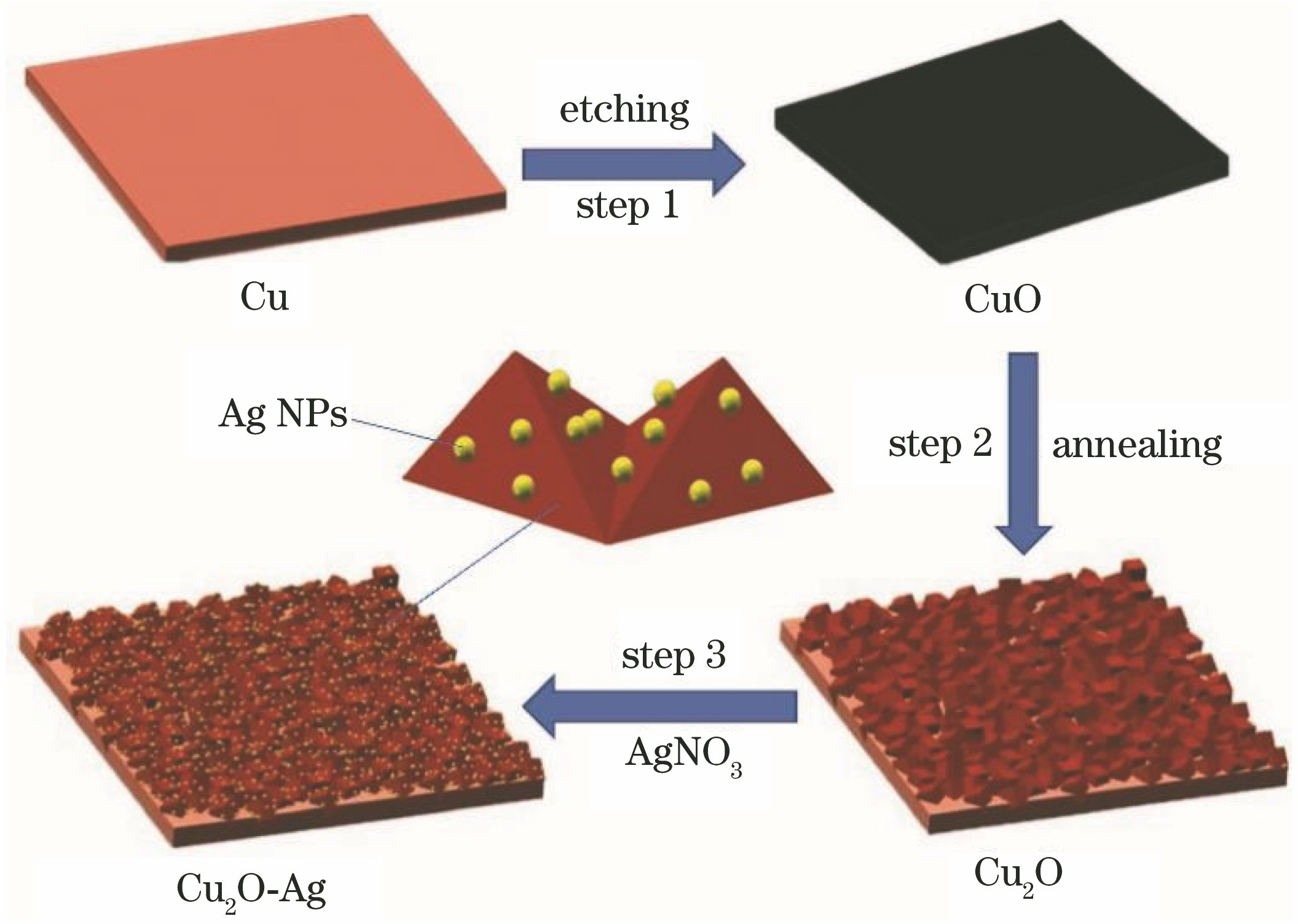 Schematic of the fabrication process of Cu2O-Ag SERS substrate by in-situ growth