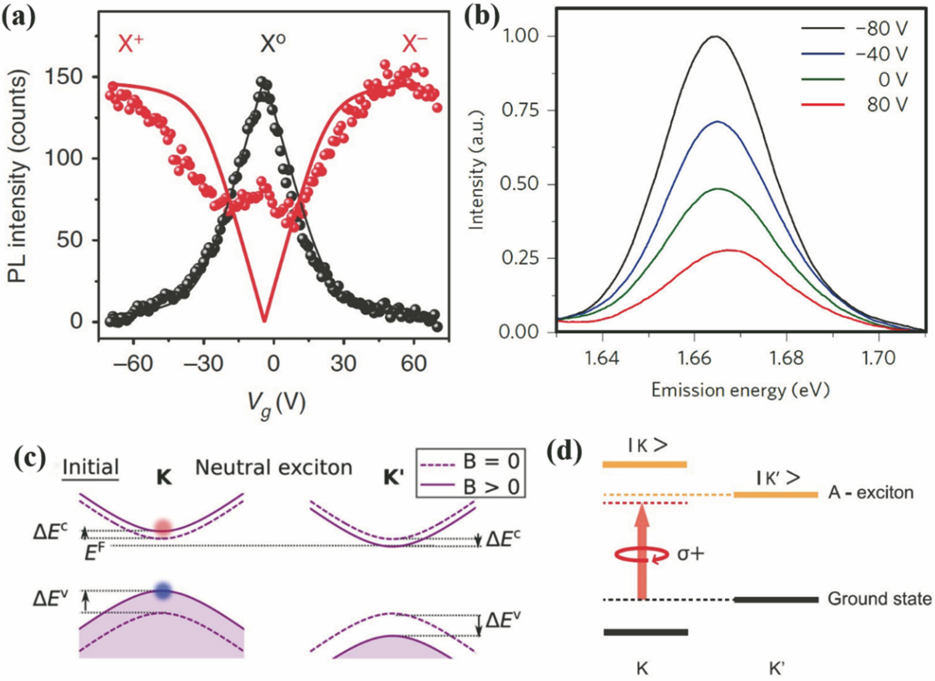 Optical control for 2D semiconductors. (a) Relationship between PL intensity of charged exciton and exciton X0 and gate voltage Vg[72]. Solid line is model curve predetermined by theory; (b) electrical control of SHG resonance intensity with gated voltage[49]; (c) schematic of Zeeman effect under magnetic field for degenerate valley electronic energy band[80]; (d) schematic of Stark effect under ultrafast optical field for degenerate valley electronic energy band[81]
