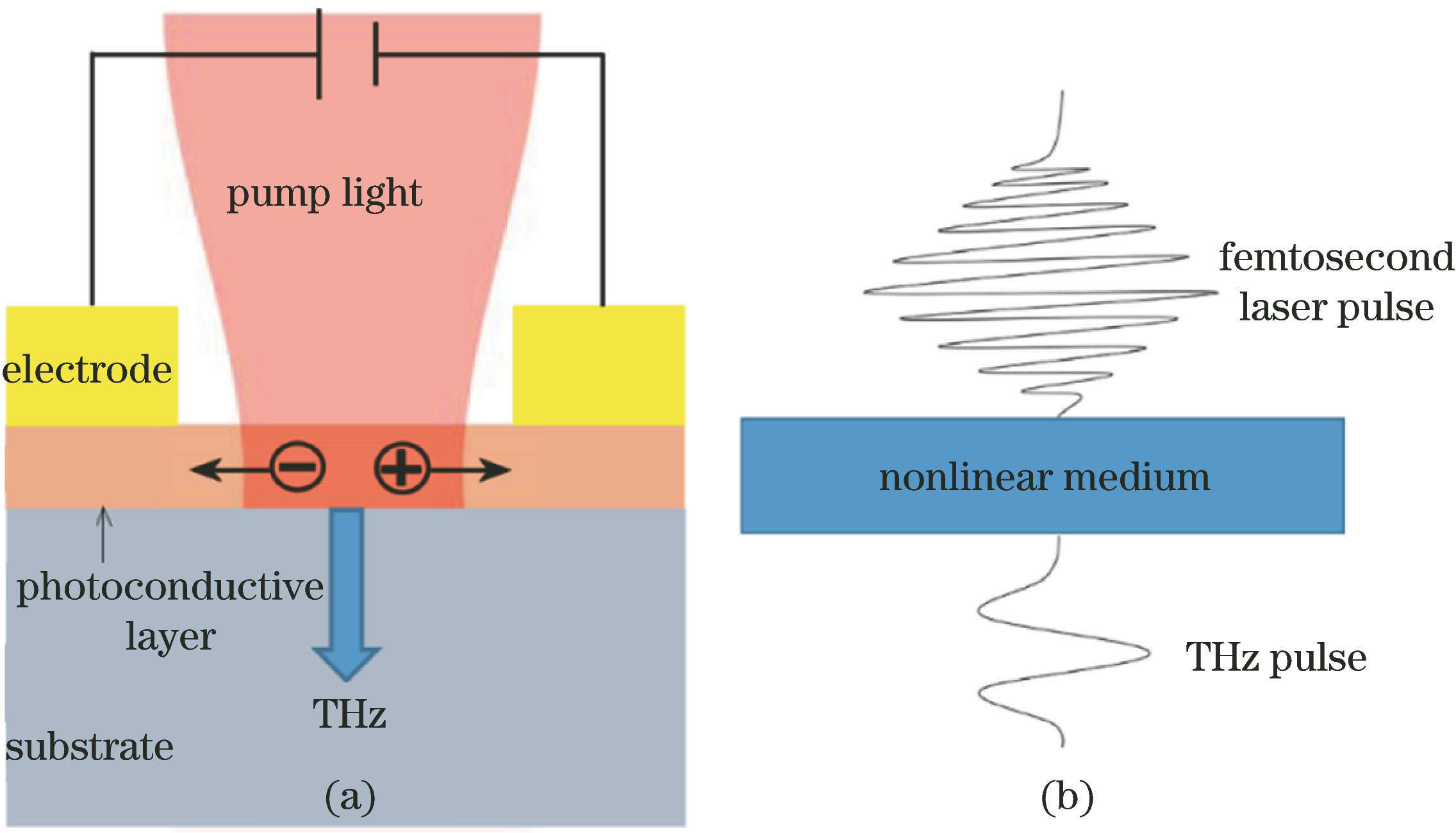 Principle of the generating THz radiation. (a) THz radiation based on the photoconductive effect; (b) THz radiation based on the nonlinear difference frequency effect