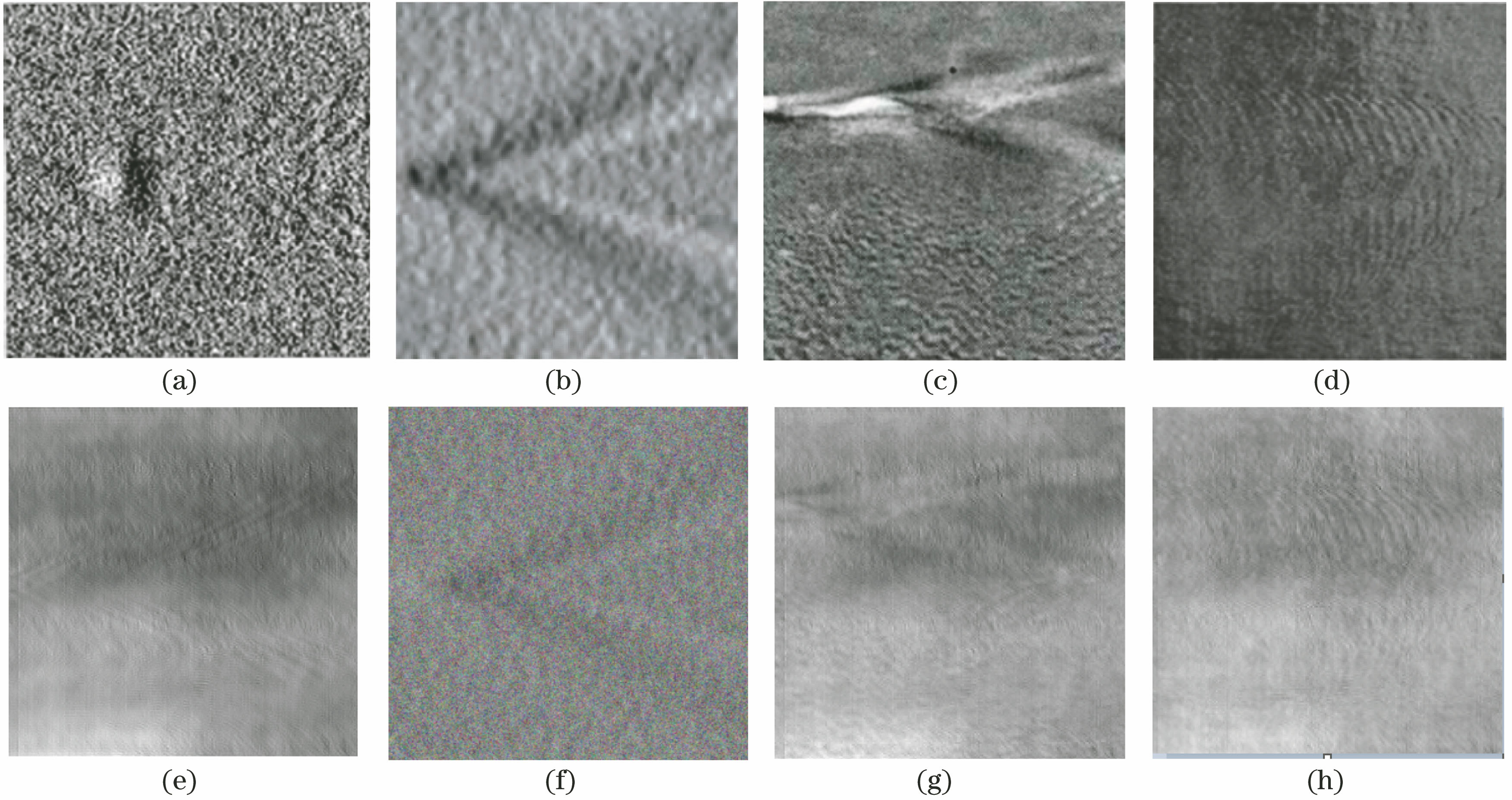 Simulation results of weak texture signal images of submarine's V-wake in direct course. (a) Weak texture image in Ref. [7]; (b) weak texture image in Ref. [8]; (c) weak texture image in Ref. [15]; (d) weak texture image in Ref. [16]; (e) weak texture image in Ref. [7] with background; (f) weak texture image in Ref. [8] with background; (g) weak texture image in Ref. [15] with background; (h) weak texture image in Ref. [16] with background