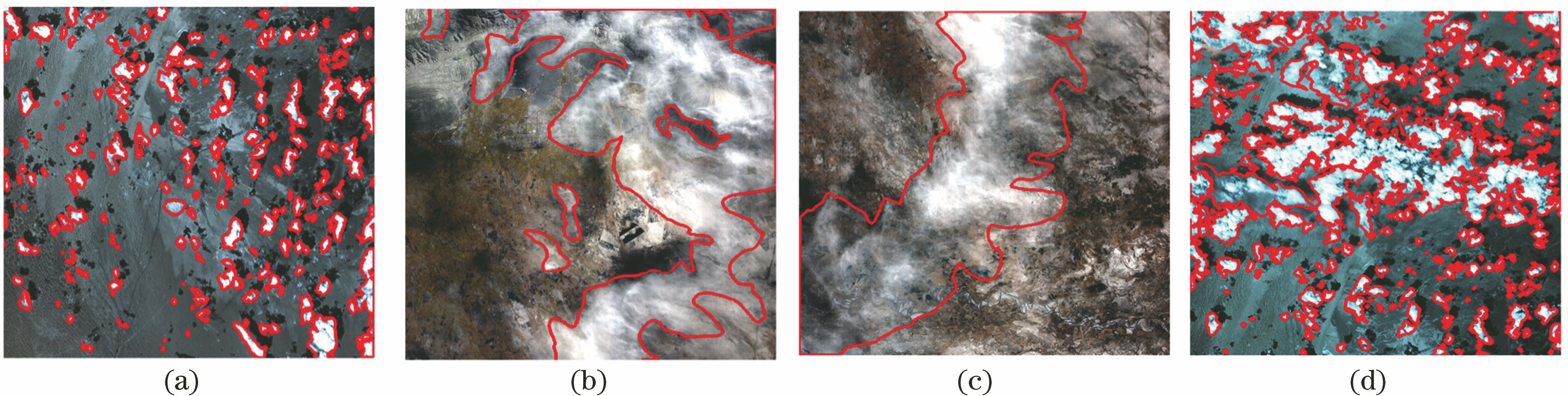 Hyperspectral images of cloud detection areas (false color composite image of bands 110, 64, 44 in RGB, the red vector is the visually interpreted cloud boundary). (a) Image a; (b) image b; (c) image c; (d) image d