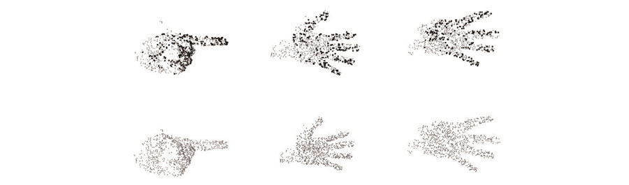 Comparison of three groups of gestures (black dots on top are parts with higher confidence parameters, and original point clouds are shown on bottom)