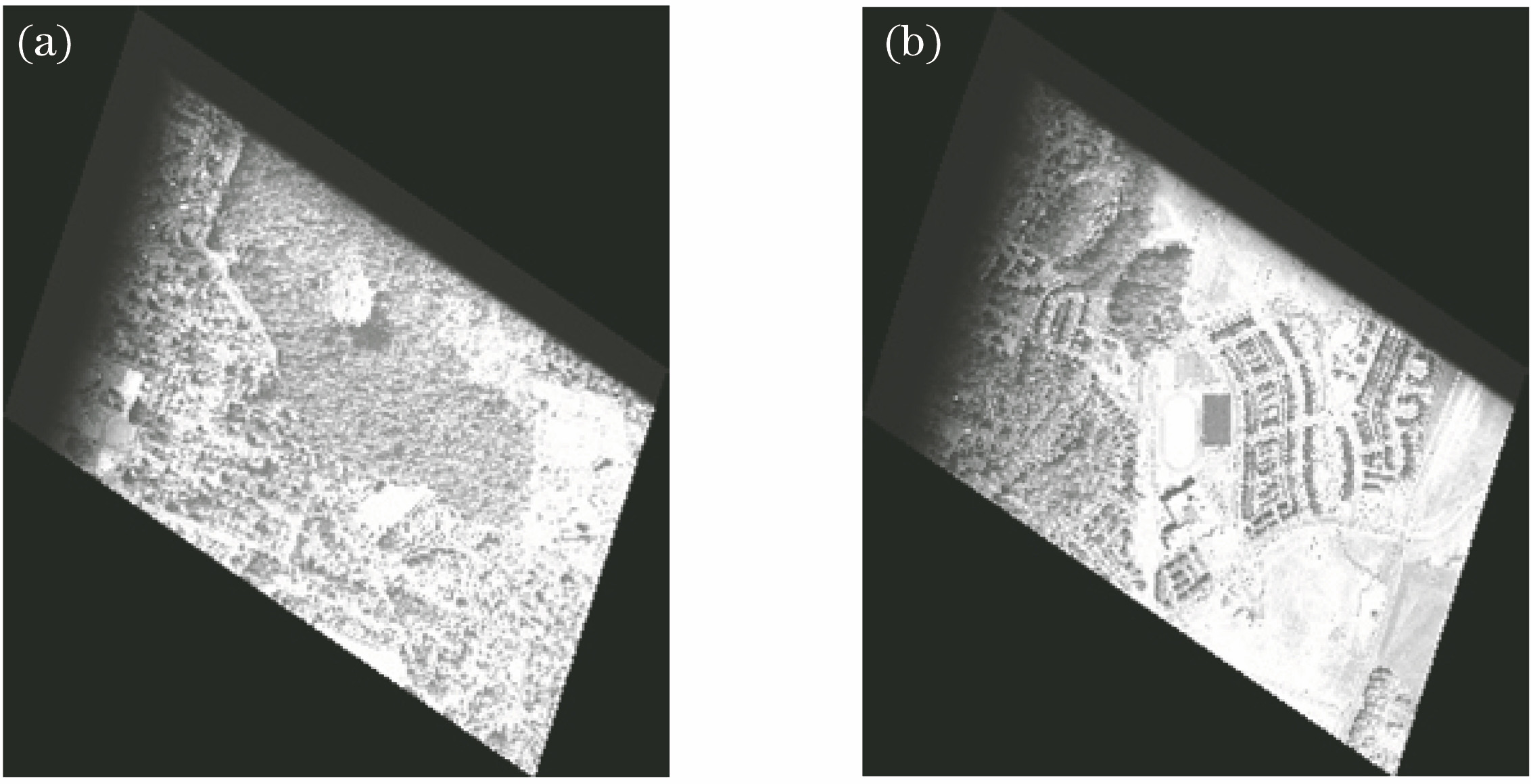 Satellite remote sensing sequence images captured by CMOS rolling shutter mode. (a) Previous image; (b) next frame image