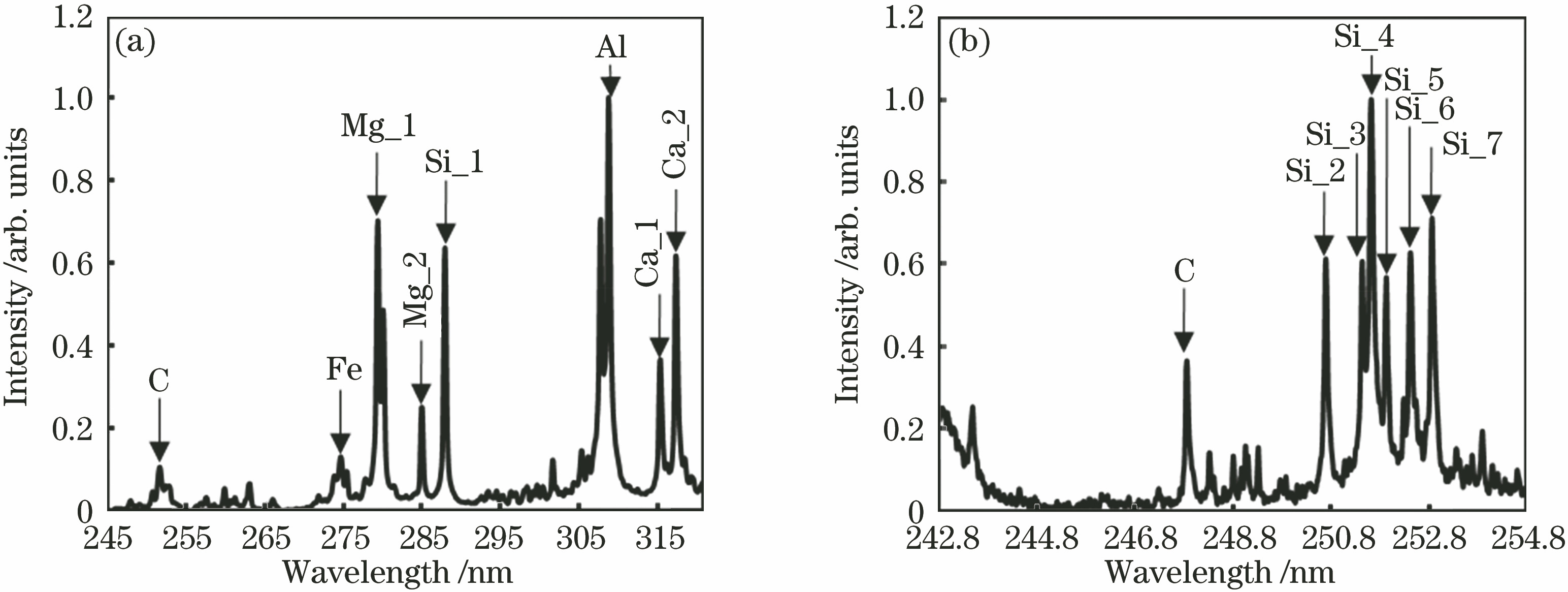 LIBS spectra of sample GD_0 at different resolutions. (a) Resolution is 0.075 nm/pixel; (b) resolution is 0.012 nm/pixel