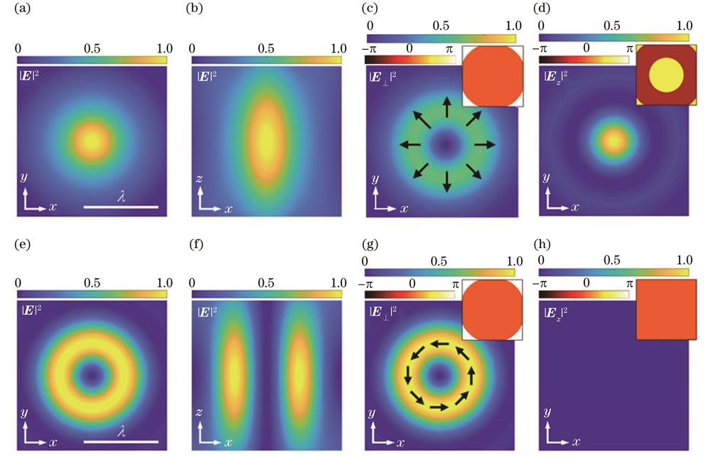 Electric field intensity, polarization, and phase distributions of tightly focused cylindrical vector beams (n=1,NA=0.9,β0=1). (a)-(d) Radially polarized vector beam; (e)-(h) azimuthally polarized vector beam. (a), (e) Distribution of total electric field intensity (|E|2=|Ex|2+|Ey|2+|Ez|2) in xy plane; (b), (f) distribution of total electric field intensity in xz plane; (c), (g) transverse electric field intensity (|E⊥|2=|Ex|2+|Ey|2); (d), (h) longitudinal electric field intensity (|Ez|2). The dark arrows represent polarization states and insets are for phase distributions