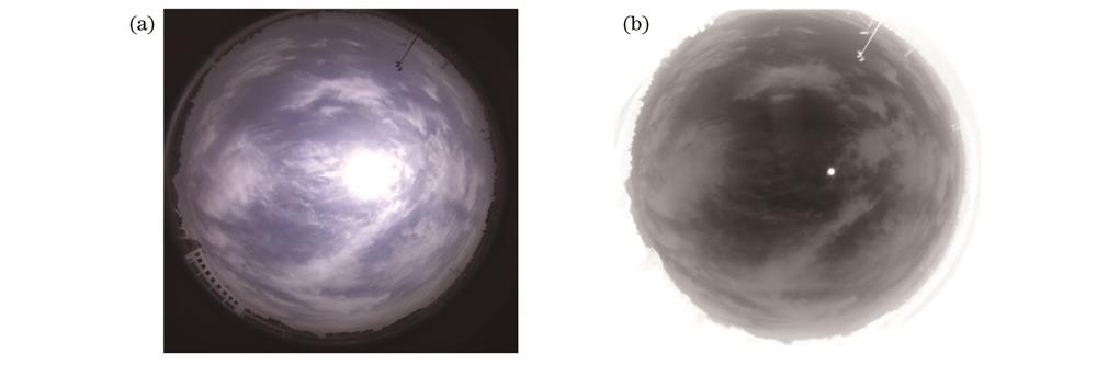 All-sky cloud images. (a) Visible light band; (b) infrared band