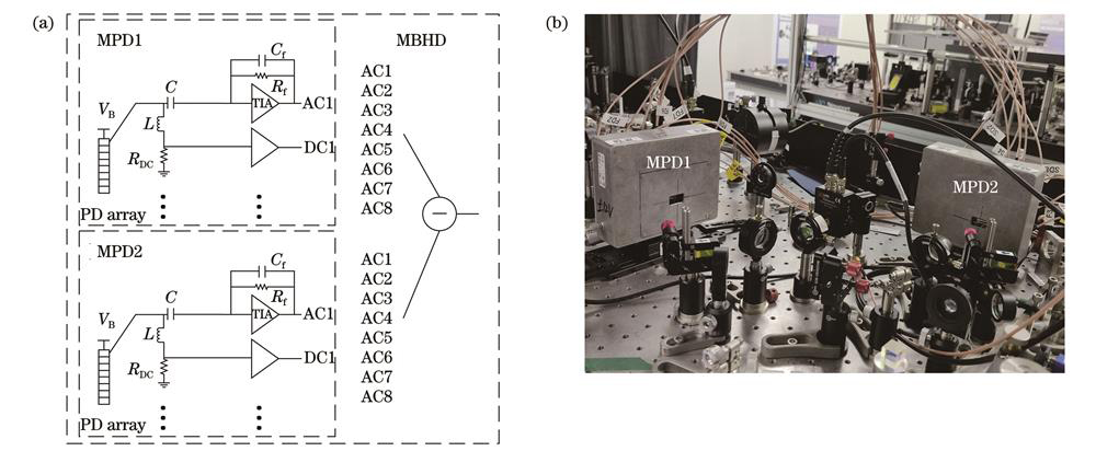 Multi-pixel balanced homodyne detector. (a) Circuit schematic diagram; (b) physical image