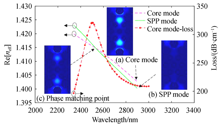 Dispersion relation and optical field distribution of core mode, SPP mode, and loss spectra of the sensor