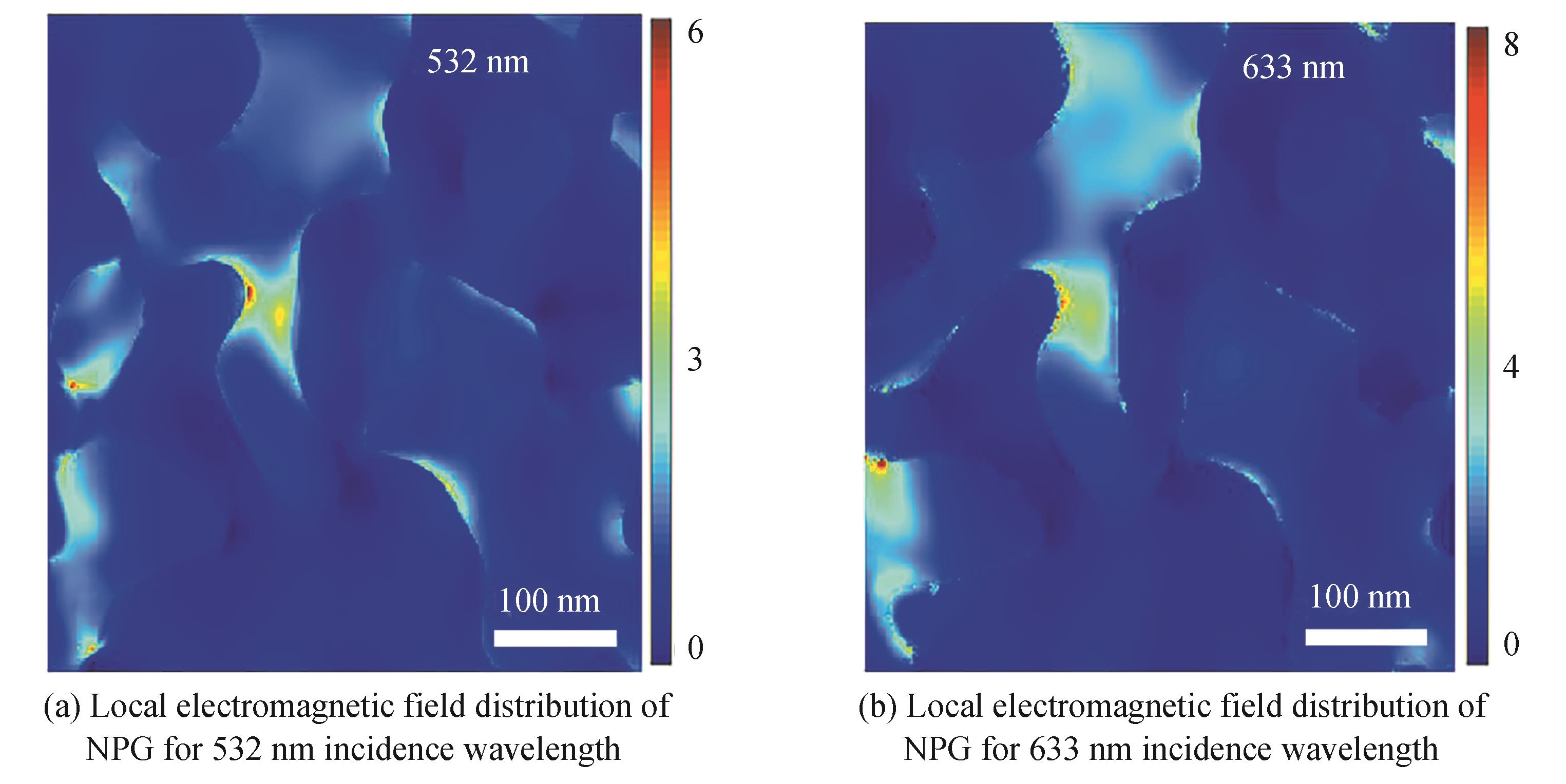 FDTD simulations of local electromagnetic field distribution in NPG and h-NPG with different incidence wavelength