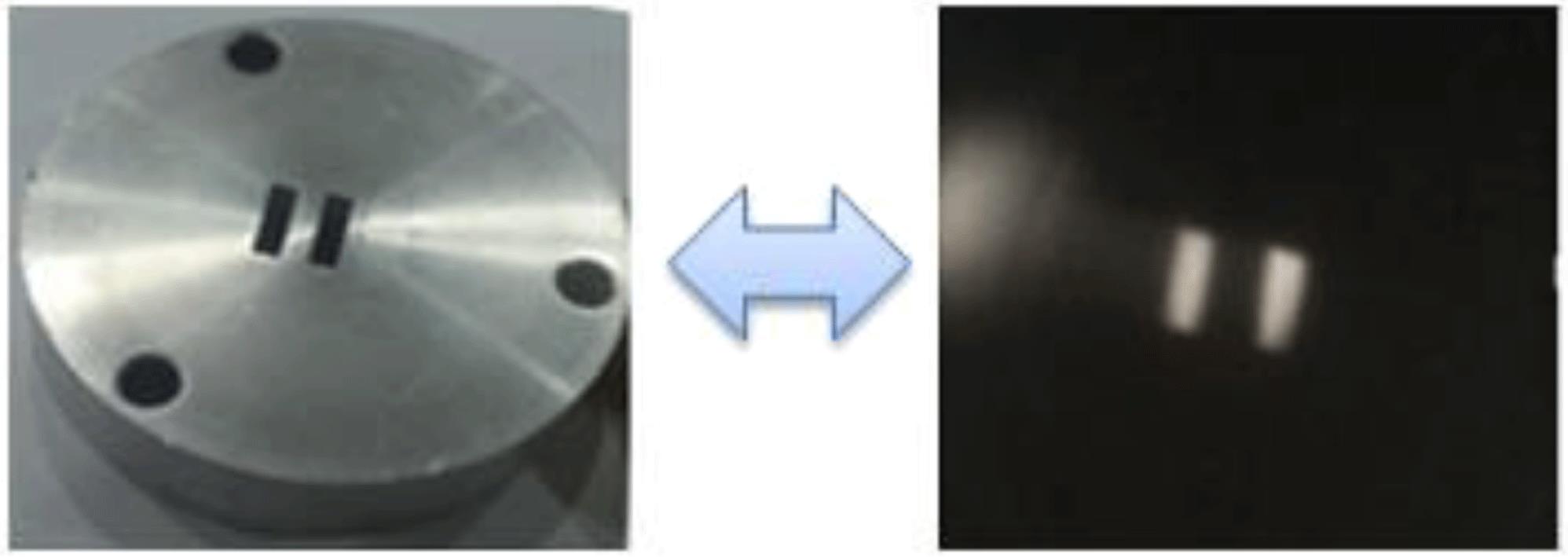 A radiographic image (right) of a static object (left) by the method of magnetic imaging radiography.
