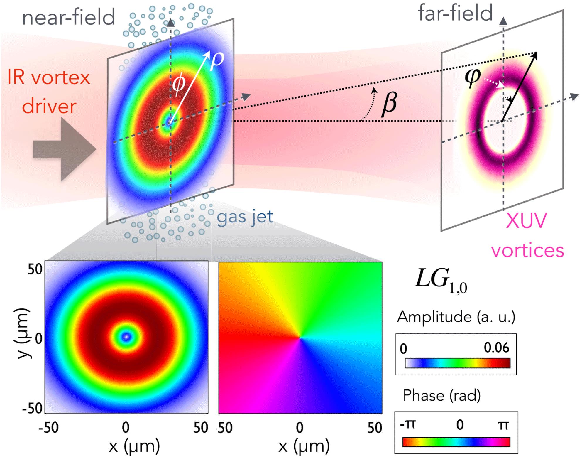 Schematic view of HHG driven by OAM beams. An intense IR vortex beam carrying OAM (with $\ell =1$ in this case), is focused into an argon gas jet. The near-field coordinates are ($\unicode[STIX]{x1D70C},\unicode[STIX]{x1D719}$). Each atom emits HHG radiation that, upon propagation, results in the far-field emission of XUV vortices with some divergence and azimuth ($\unicode[STIX]{x1D6FD},\unicode[STIX]{x1D711}$). In the bottom we show the near-field amplitude (left) and phase (right) of the $LG_{1,0}$ IR mode, with beam waist of $30~\unicode[STIX]{x03BC}\text{m}$.