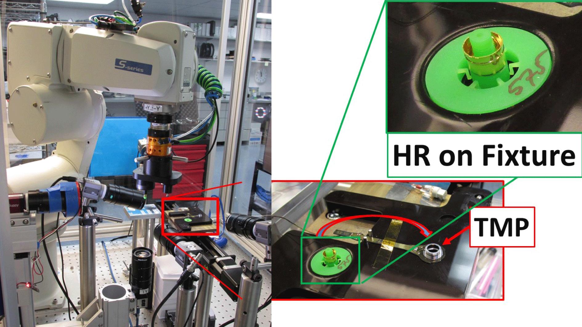 The robot cell used for the work presented in this paper is depicted on the left. On the right, in the zoomed-in images, the components to be assembled are shown.