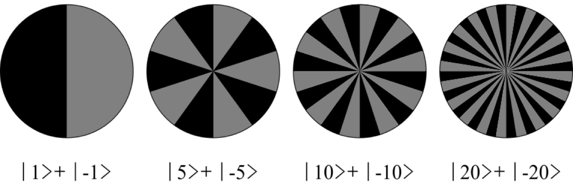 Phase patterns for the OAM superposition states. The black and gray zones indicate regions of 0 and $\unicode[STIX]{x1D70B}$ phase imprints, respectively.
