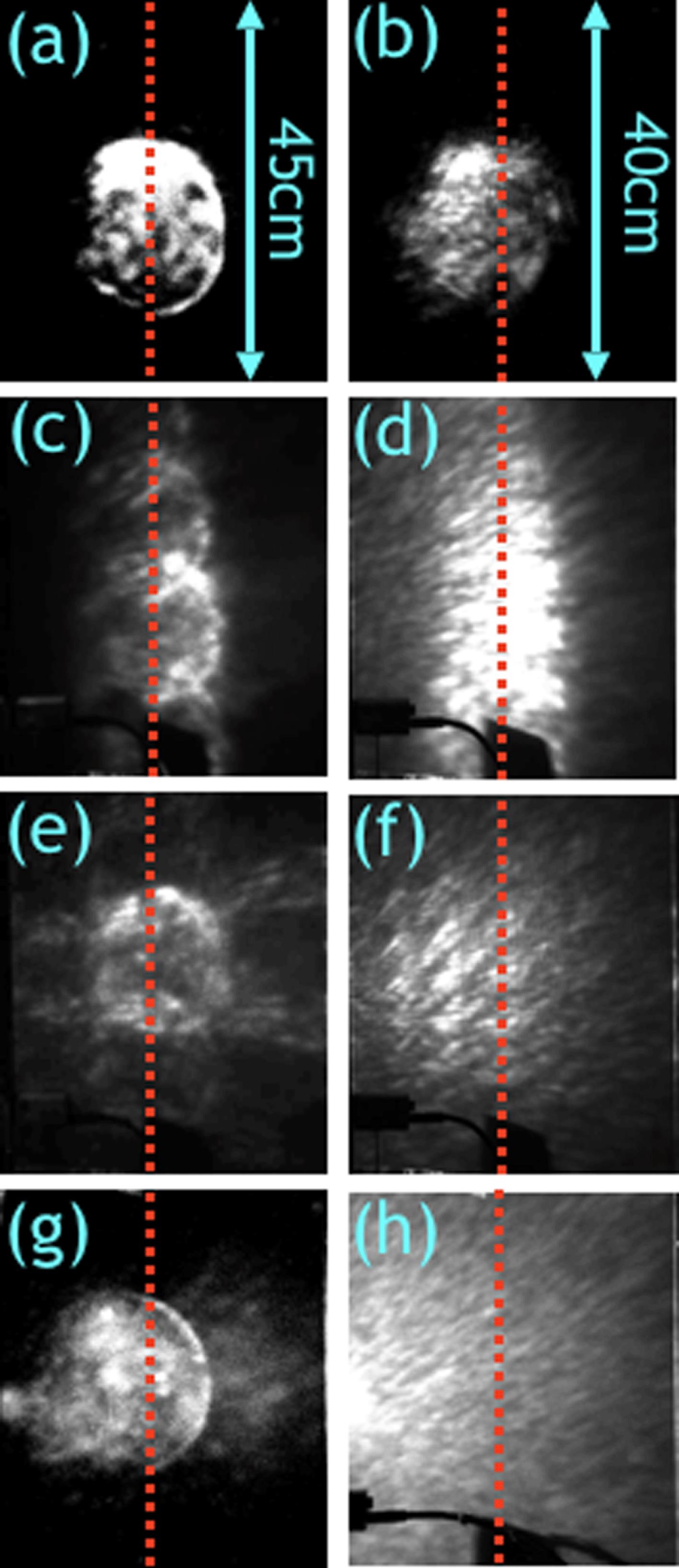 Measurements of the spatial-intensity distribution of the laser light reflected from the plasma critical density surface, at fundamental and second harmonic frequencies, as captured on a scatter screen, with dashed red line denoting the expected specular direction. Images (a) and (b) correspond to the $\unicode[STIX]{x1D714}_{L}$ and $2\unicode[STIX]{x1D714}_{L}$ signals for the flat foil target, respectively. (c) and (d) are the same for the groove target, (e) and (f) are for the pillar target, and (g) and (h) are obtained with the needle target. The scale presented in (a) and (b) is the same for all $\unicode[STIX]{x1D714}_{L}$ and $2\unicode[STIX]{x1D714}_{L}$ images, respectively.