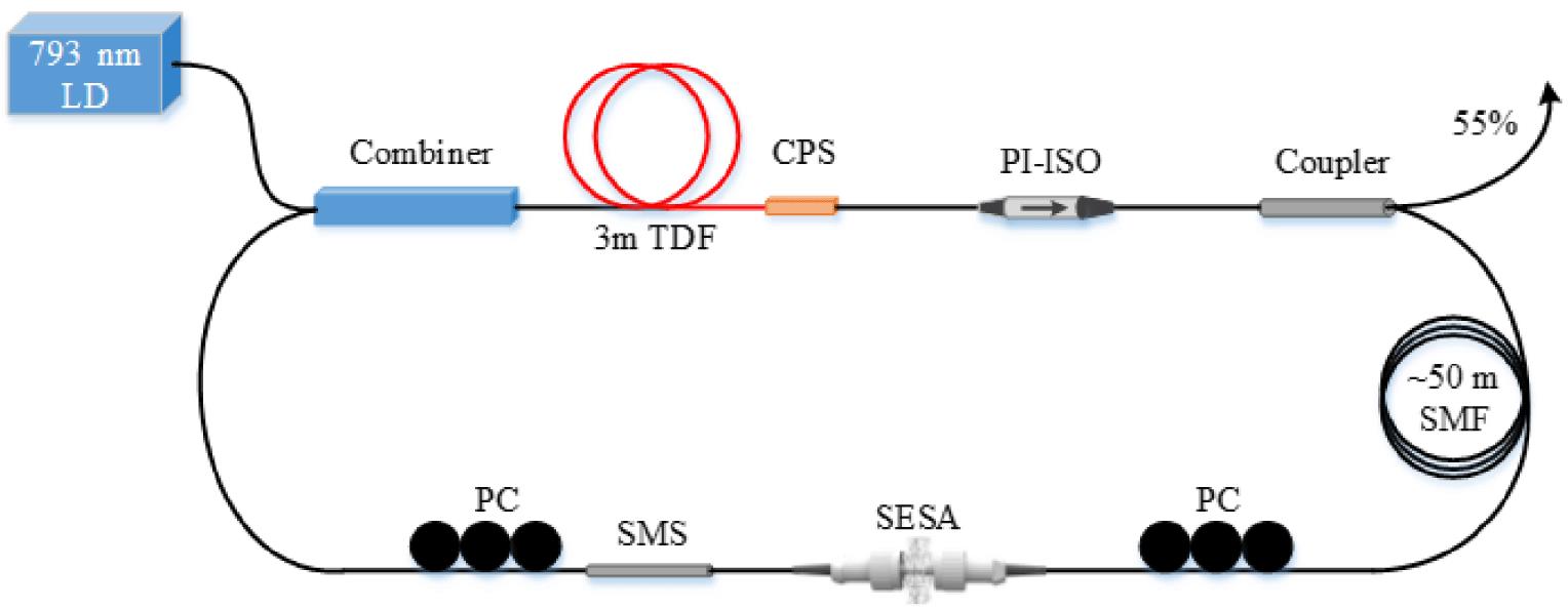Schematic configuration of SESA-based nanosecond TDFL. LD, laser diode; PC, polarization controller; CPS, cladding power stripper; SMF, single mode fiber.