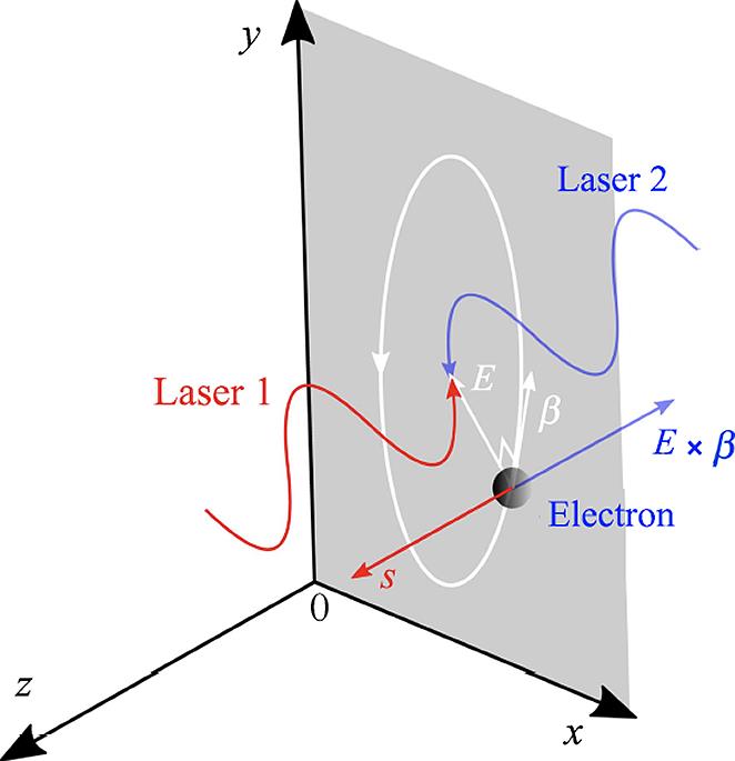 Schematic representation of electron spin polarization employing the standing wave of two colliding, circularly polarized laser pulses[39].