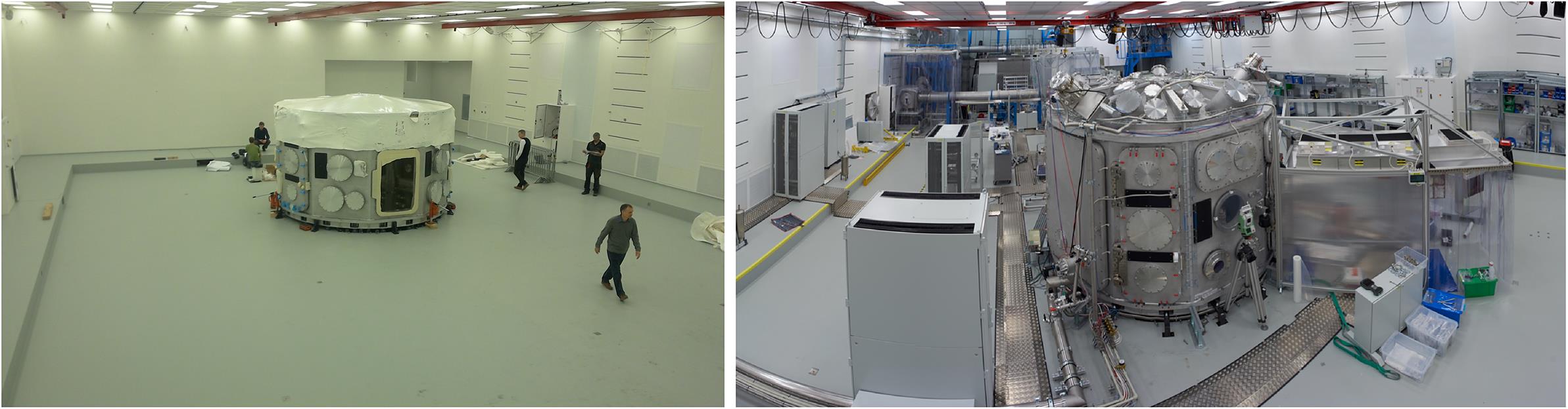 Left: The state of the experimental hall E3 in January 2018. Note that the P3 chamber is not yet fully assembled. Right: The same location in November 2019 with a fully functional BT system and experimental chamber.
