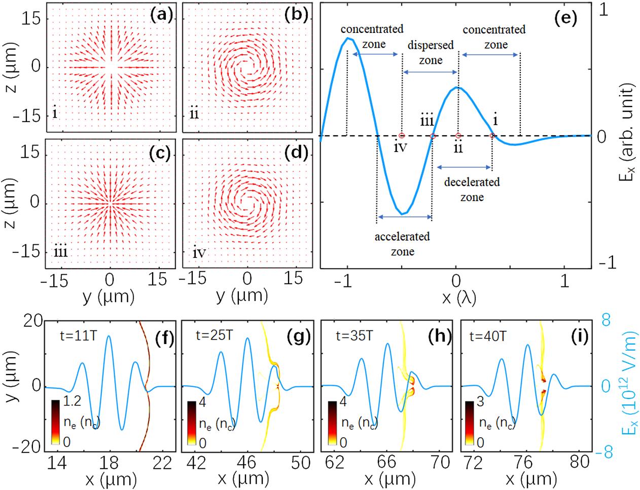 Structure of electric fields of CP LG laser and phase-space distribution of electrons. Normalized vector plots of the transverse electric fields in one laser cycle for (a) point i, (b) point ii, (c) point iii, and (d) point iv marked in (e). (e) Normalized amplitude of Ex (blue line) on the x-axis for Ψ = 0. Density distributions of electron slice and amplitude of Ex (blue solid) for Ψ = 0 at (f) t = 11T, (g) t = 25T, (h) t = 35T, and (i) t = 40T are plotted.