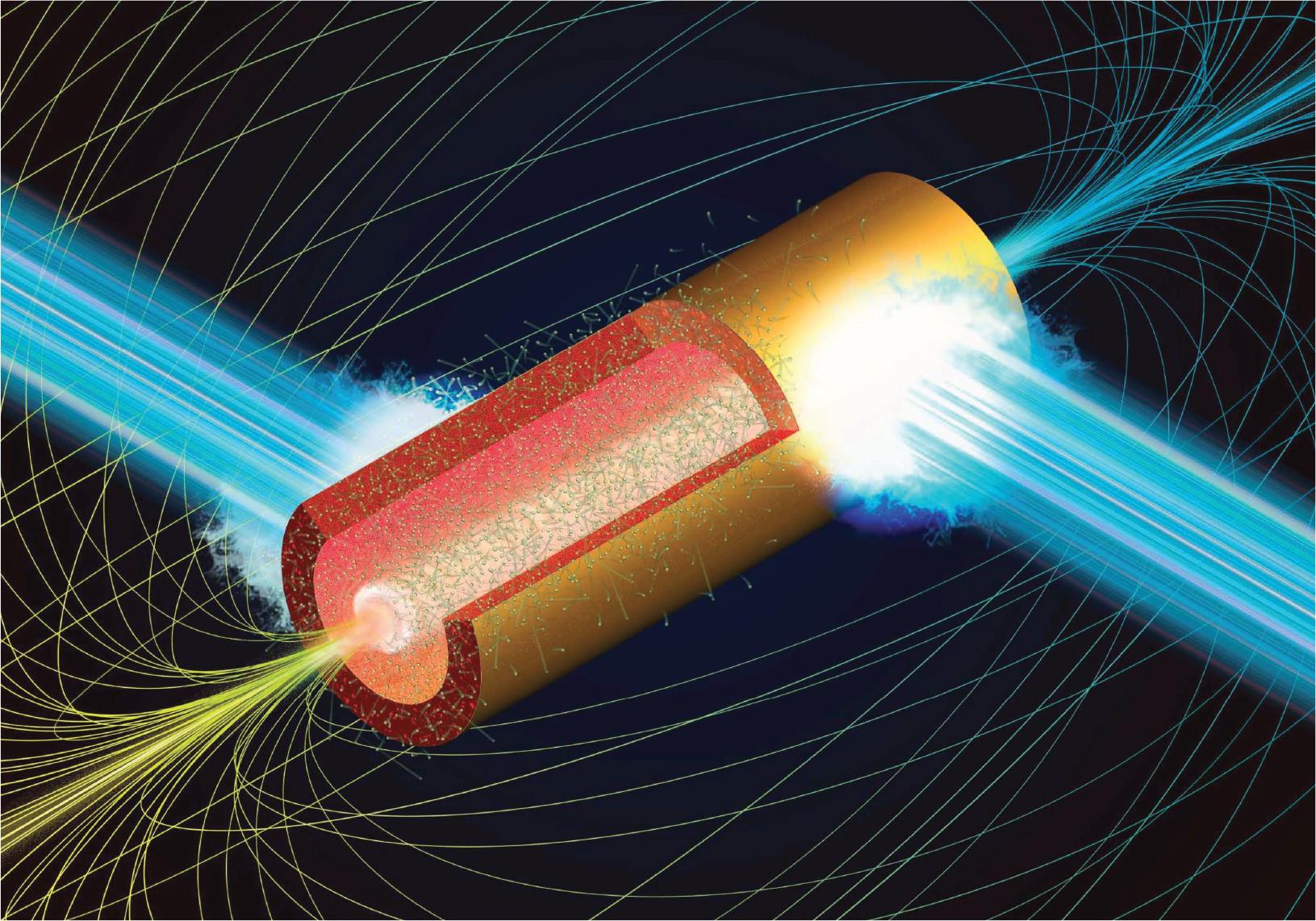 Illustration of a microtube implosion. Due to the laser-produced hot electrons with megaelectron volt energies, cold ions in the inner wall surface implode toward the central axis. By pre-seeding uniform magnetic fields of the kilotesla order, the Lorentz force induces a Larmor gyromotion of the imploding ions and electrons. Due to the resultant collective motion of relativistic charged particles around the central axis, strong spin currents of approximately peta-ampere/cm are produced with a few tens of nm size, generating megatesla-order magnetic fields.