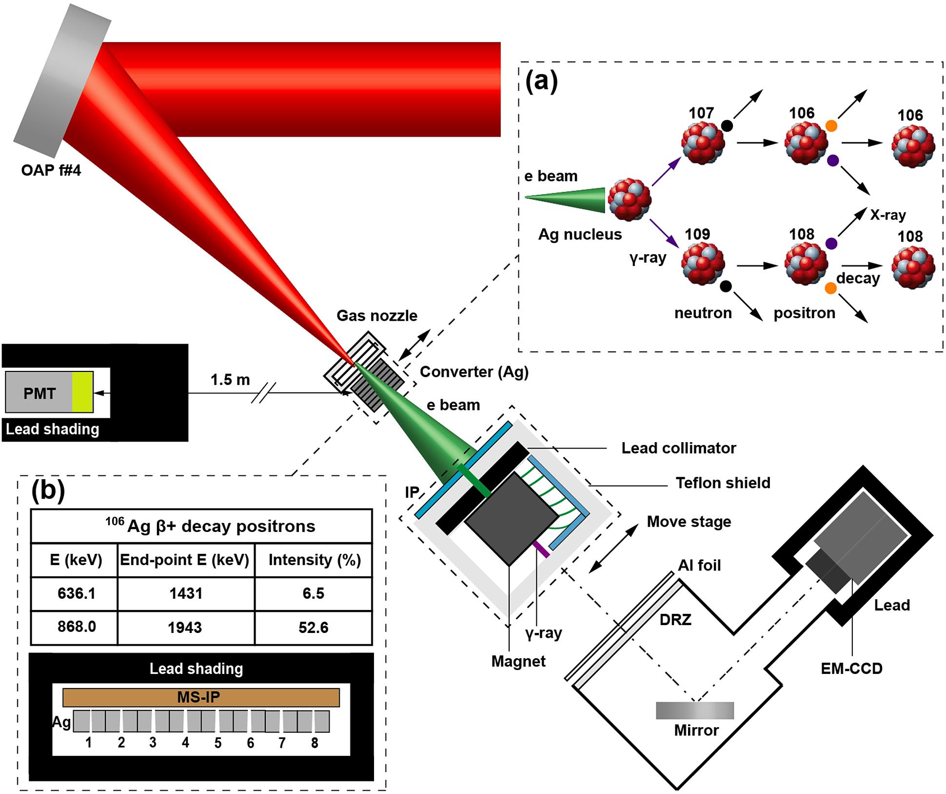 Experimental setup. (a) Schematic diagram of photo-nuclear reactions for Ag and Ag atoms. (b) Ag decay products, and schematic diagram of the measurement of neutron source spatial distribution.