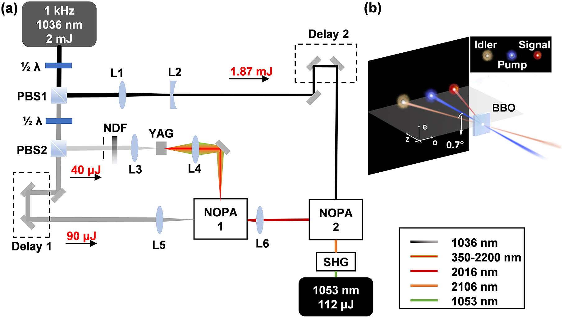 (a) Scheme of the 1053 nm laser source. PBS: polarization beam splitter; L: lens; NDF: neutral density filter; NOPA: noncollinear OPA. The linewidth indicates the beam size roughly and the shade indicates the pulse energy. (b) Schematic of the NOPA, where the angle between the signal and the pump is less than 0.7°.