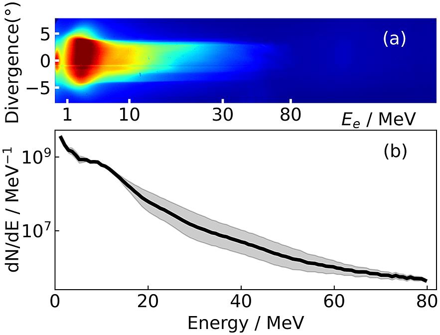 (a) Raw signal of the laser-accelerated electron beam recorded in the IP. (b) Extracted energy spectrum of the energetic electron beam. The black line represents the geometric mean value of the data of two shots. The shaded region represents uncertainty.