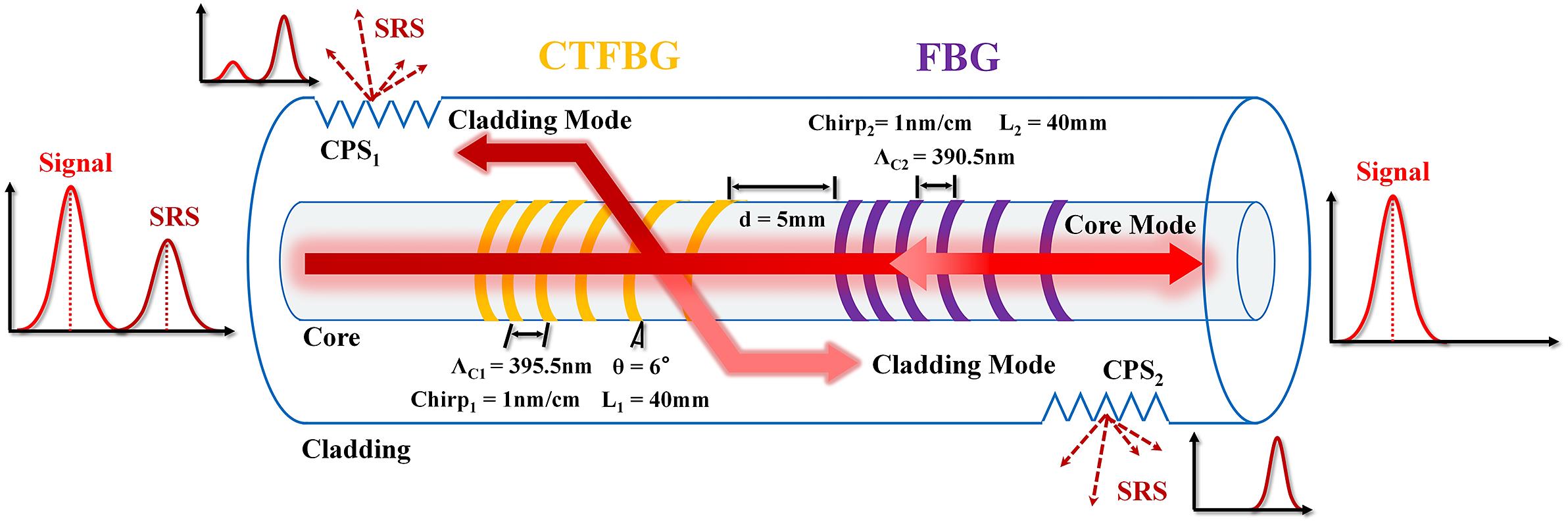 Schematic of the dual-structure fiber grating structure and the principle of mitigating SRS.
