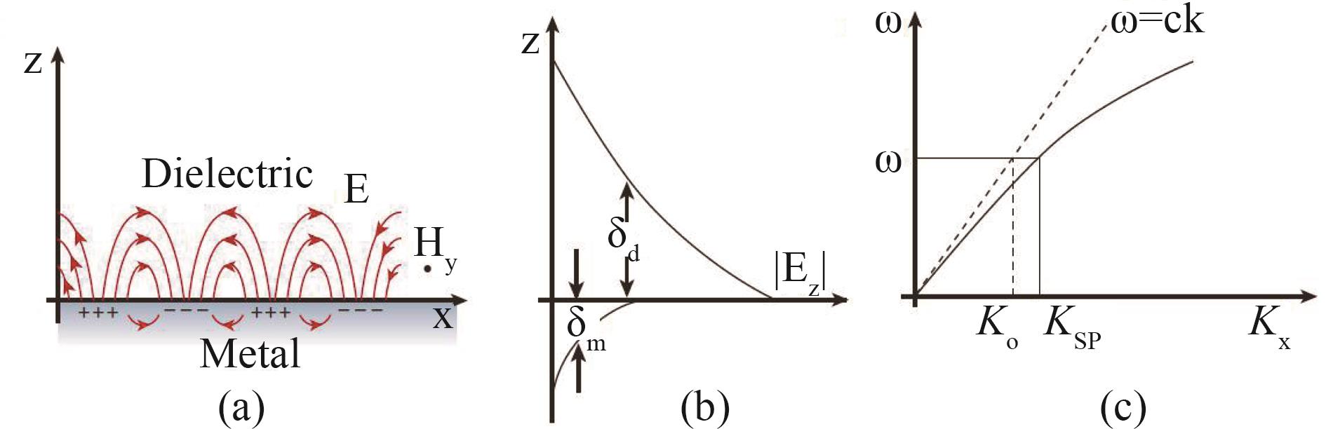 (a) Distributions of SPP near the metal-dielectric surface[3], (b) dependence of SPP mode on the distance in the direction perpendicular to the metal surface[3], (c) dispersion curve of SPP mode on the metal-dielectric surface[3]