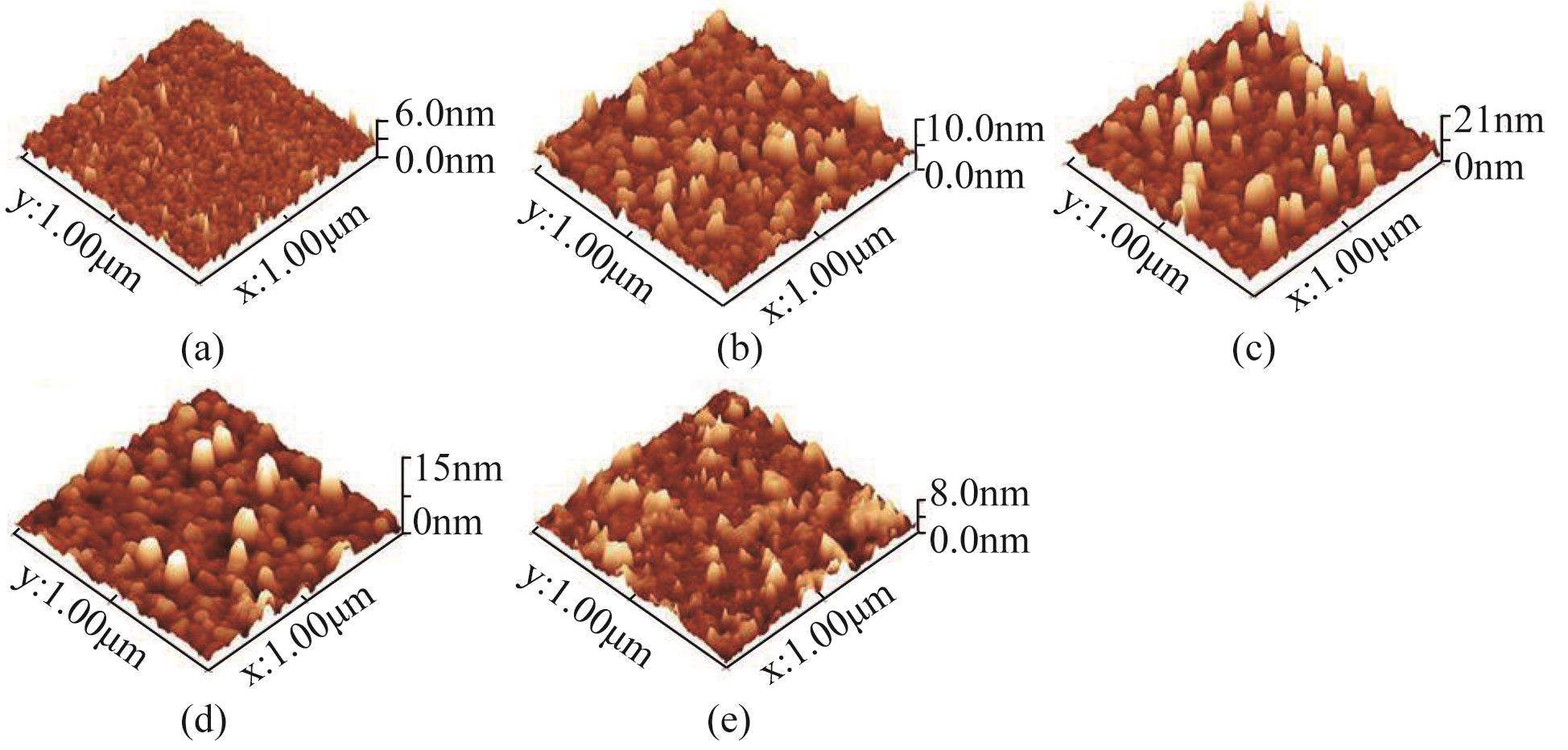 AFM images of MCNO films deposited at （a）500 ℃, （b）550 ℃, （c）600 ℃, （d）650 ℃, （e）700 ℃