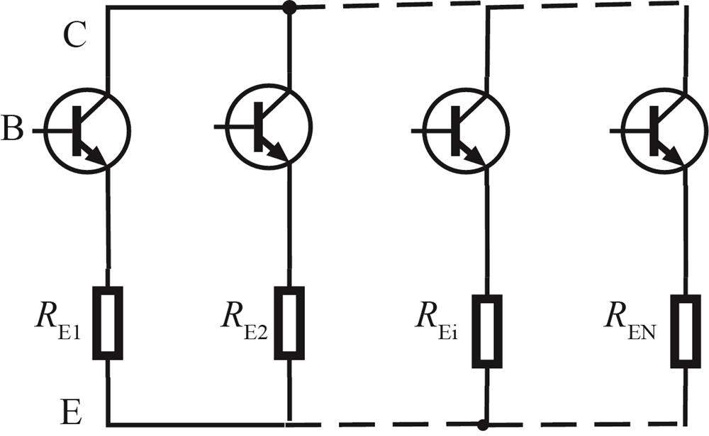 The schematic diagram of an N-finger HBT， where REi is the emitter ballasting resistor of the ith emitter finger［8-9］