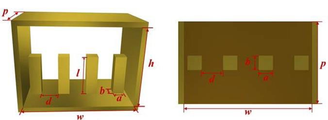 （a） The perspective for the 3D model of the multi-corrugated waveguide SWS，（b） the top view with dimensional parameters of MCW SWS