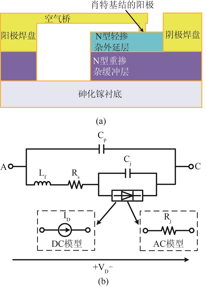 （a）Cross-section of Schottky diode，（b）equivalent-circuit model