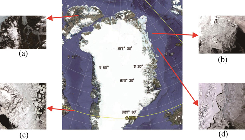 Location of research distribution （a）Independent sea ice distribution between narrow waterways bordering land，（b）independent sea ice distribution under thin ice disturbance，（c）normal independent sea ice distribution，（d）independent sea ice distribution under thin cloud disturbance