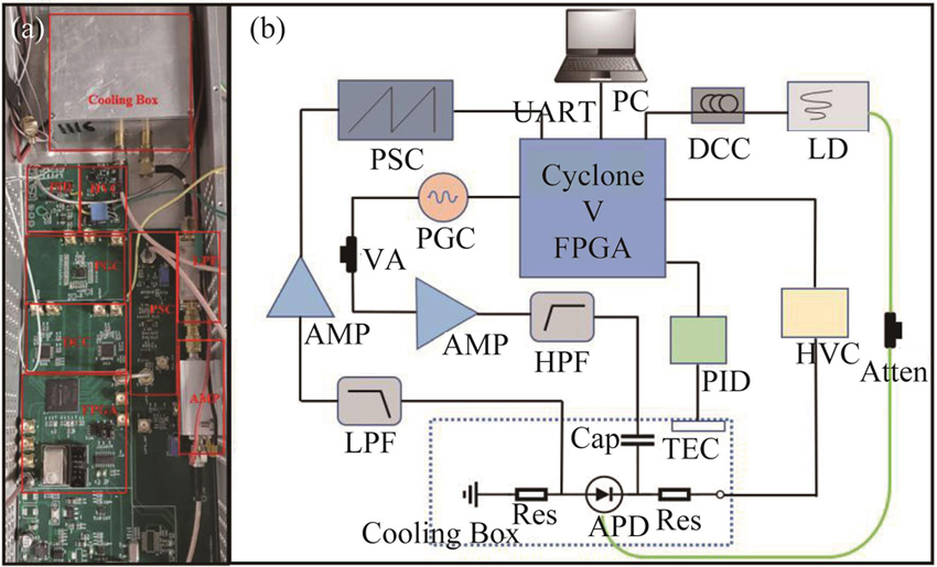 （a）Physical image of the detector，（b）Schematic setup of the detector Note：FPGA：Field programmable gate array，PGC：Pulse generating circuit，DCC：Delay chip circuit，HVC：High voltage circuit，PID：Temperature control circuit，VA：Voltage controlled attenuator，AMP：RF amplifier，HPF：High pass filter，LD：Laser，Atten：Optical attenuator，LPF：Low pass filter，PSC：Pulse shaping circuit