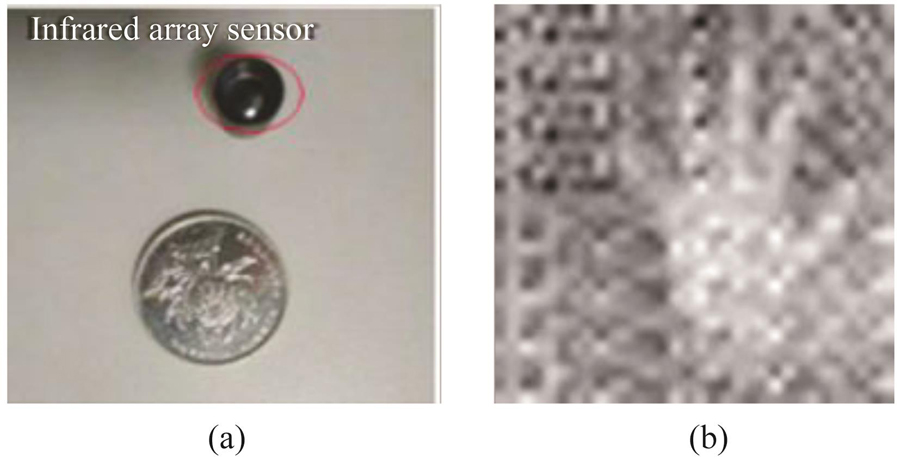 Infrared array sensor，（a）physical view of the sensor，（b）infrared temperature image（palm）