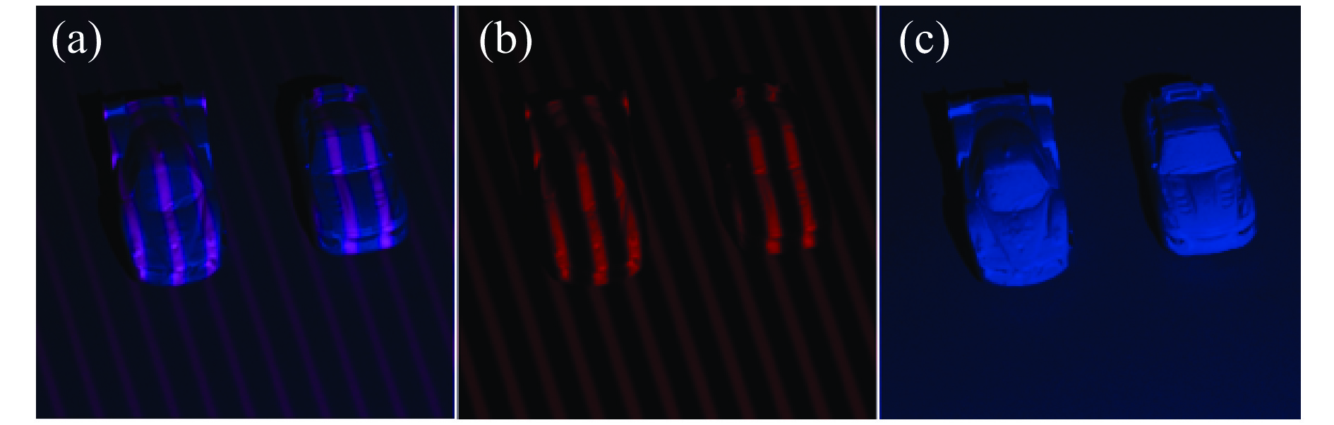 Images in different channels. (a) Captured object image; (b) Red channel image of Fig. 2 (a); and (c) the blue channel image of Fig. 2 (a)